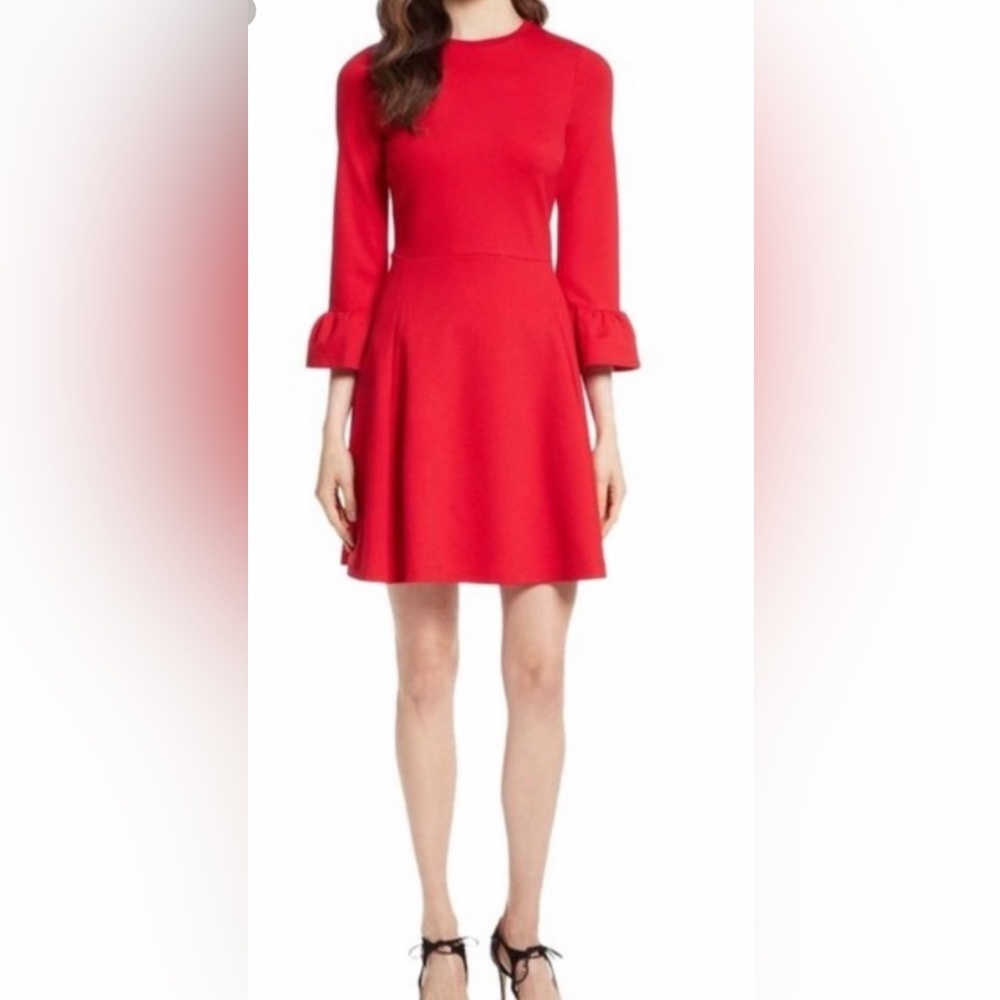 Ronnie Nicole Red Dress Ruffle Cuffs 3/4 Length Sleeves Fit & Flare Size 8 👍